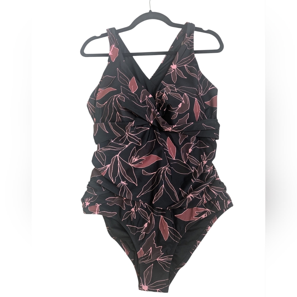 EDDIE BAUER Swim One Piece Ruched One Piece Swimsuit XXL Black Pink Floral
